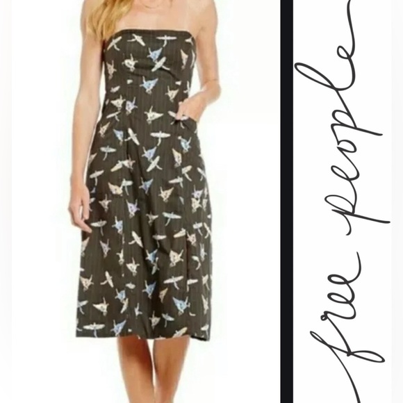 Free People Strapless Sunshine of Your Love Bird Print Pocket Midi Dress 6 - Picture 1 of 15